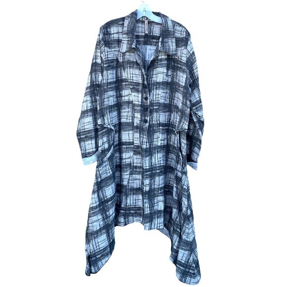 Cynthia Ashby Women's L Large gray plaid Linen longsleeve button up dress - Picture 1 of 13